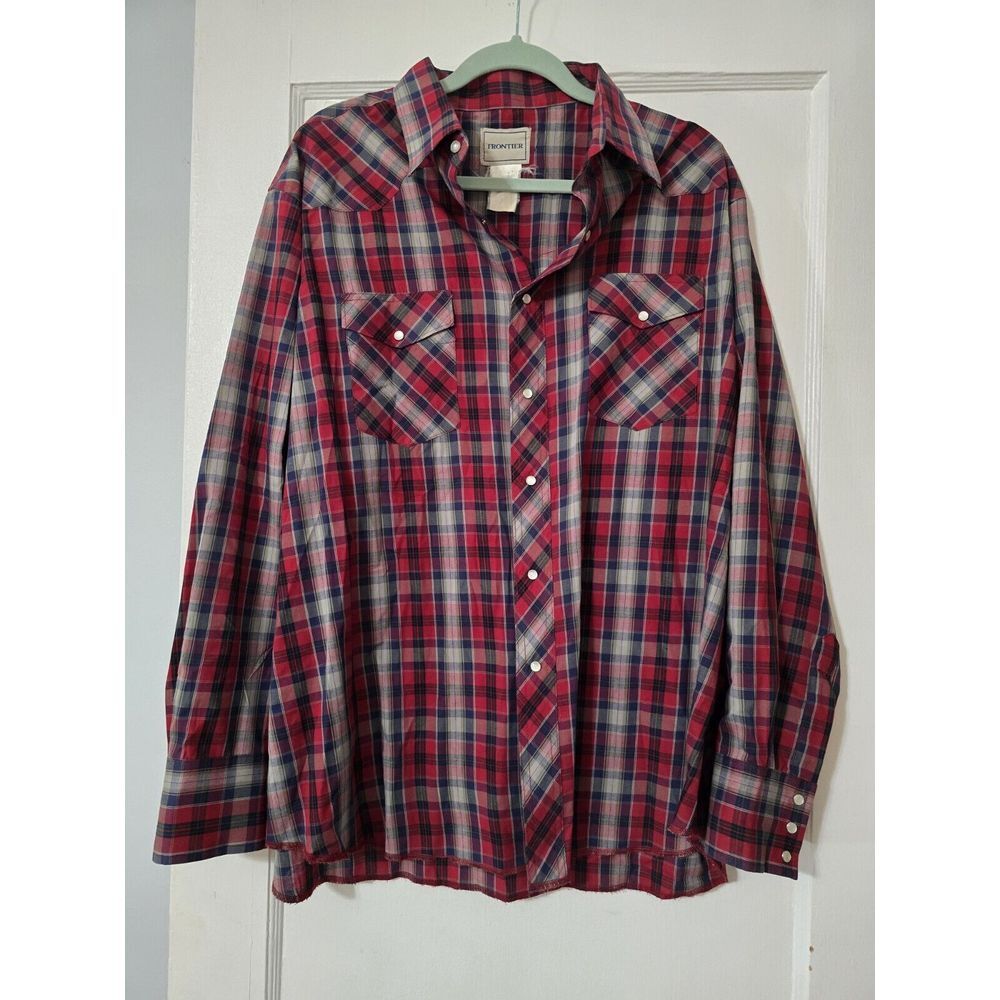 FRONTIER WESTERN PEARL SNAP BUTTON‎ DOWN VINTAGE MENS XXL PLAID RED COTTON